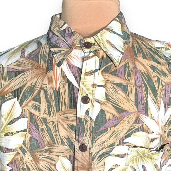 Vintage Koa Road Shirt Hawaiian Leaf Printed Tan Short Sleeve Button Front Top - Picture 2 of 9